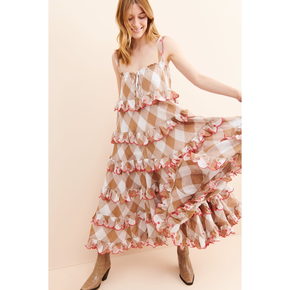 Innika Choo Scallop Frill Dress Women's 2 Brown Buffalo Check‎ Free People White